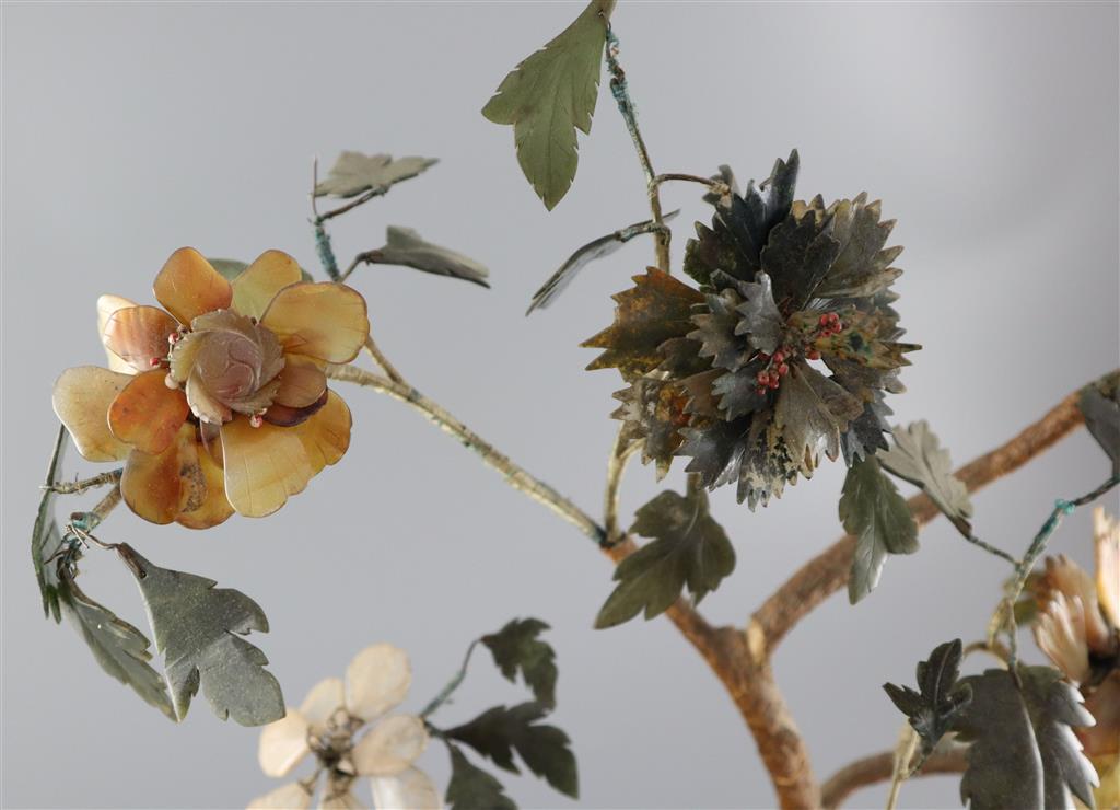 A Chinese jade and hardstone model of a tree, 19th century, total height 58cm